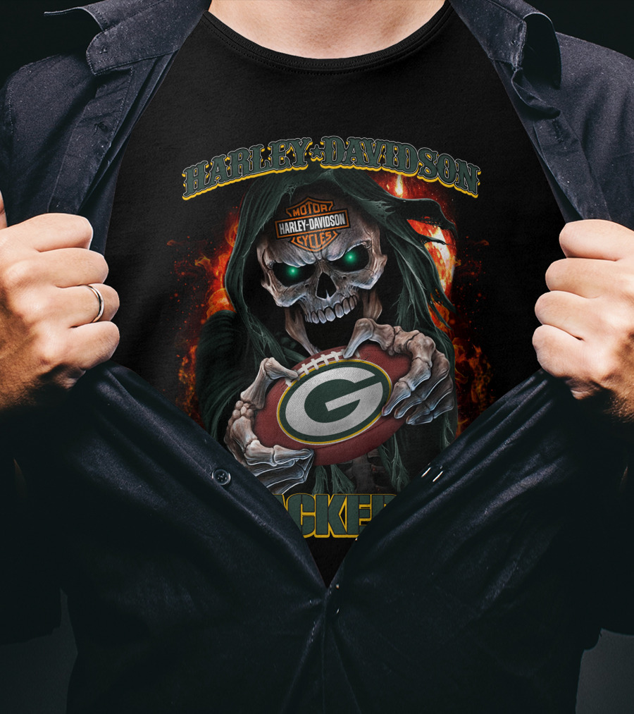 Harley Davidson Motor Cycles Green Bay Packers Skull T-Shirt