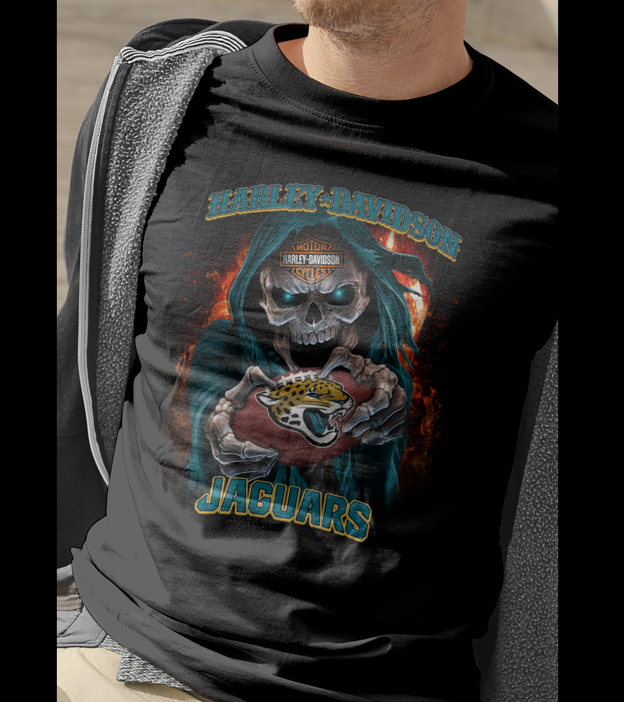 Harley Davidson Motorcycles Skull Holding Jacksonville Jaguars Football Jaguars T-Shirt