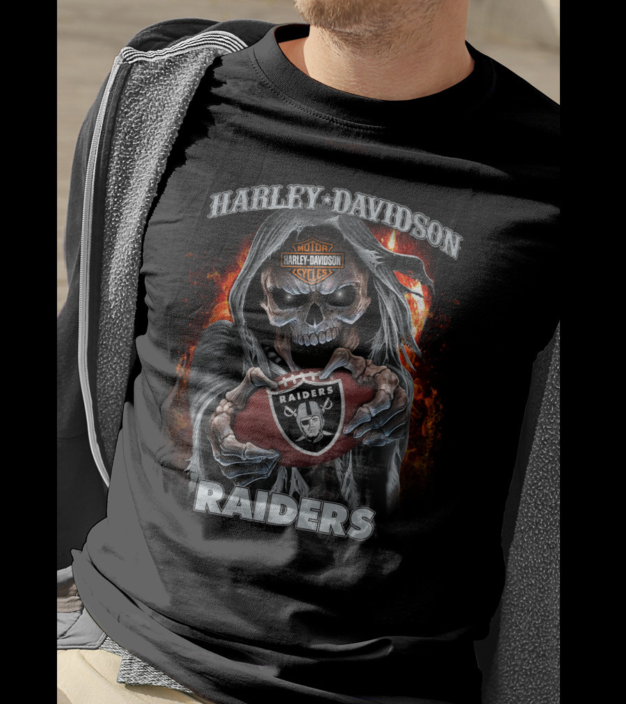 Harley Davidson Raiders Skull Holding Football With Flames T-Shirt