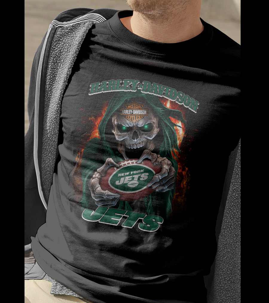 Harley Davidson Motor Cycles New York Jets Skull T-Shirt