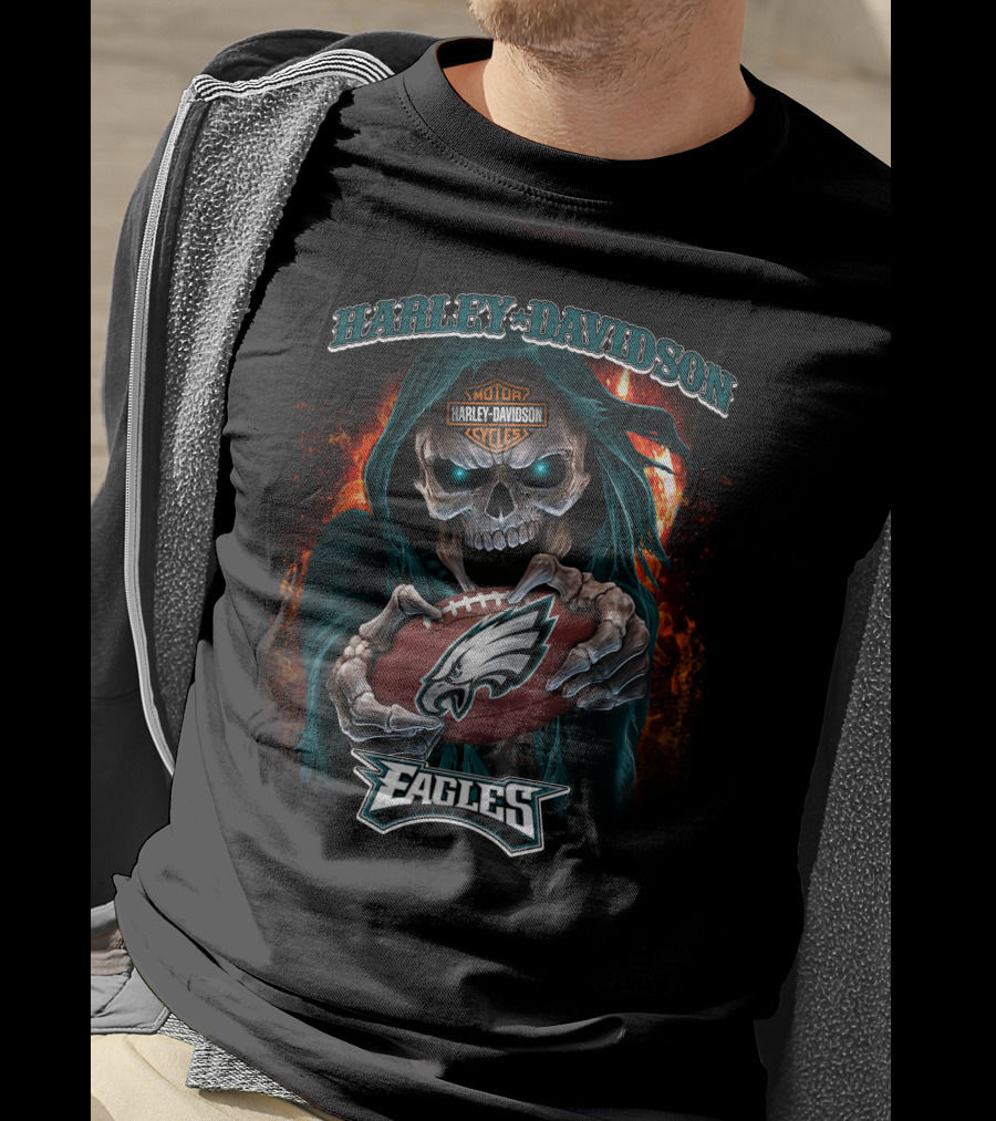 Harley Davidson Skull Holding Philadelphia Eagles Football T-Shirt