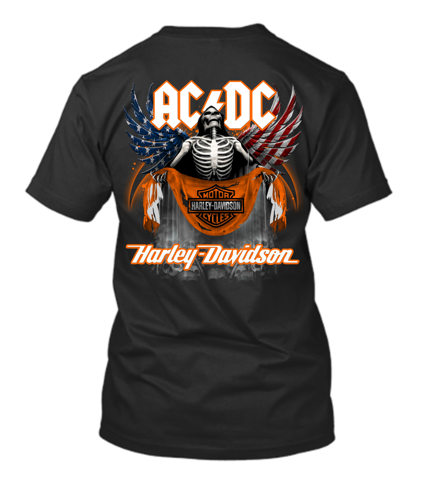 Acdc Harley Davidson Skeleton With American Flag Wings T-Shirt
