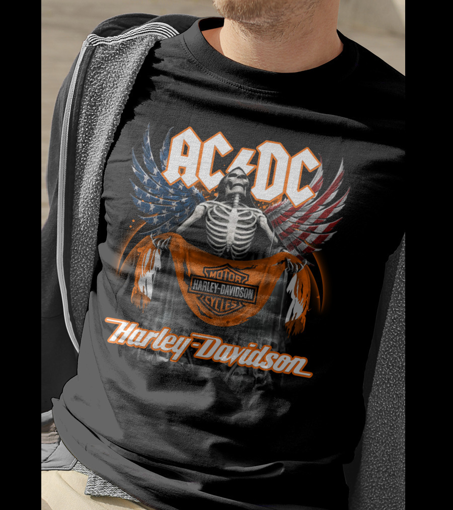 Acdc Harley Davidson Skeleton With American Flag Wings T-Shirt