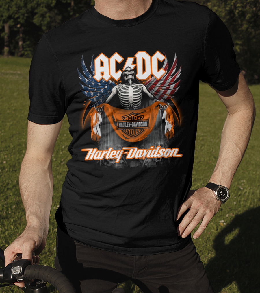 Acdc Harley Davidson Skeleton With American Flag Wings T-Shirt