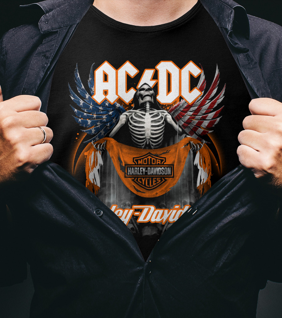 Acdc Harley Davidson Skeleton With American Flag Wings T-Shirt