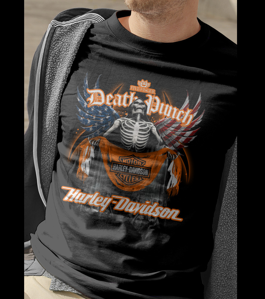 Five Finger Death Punch Harley Davidson American Wings Skeleton T-Shirt