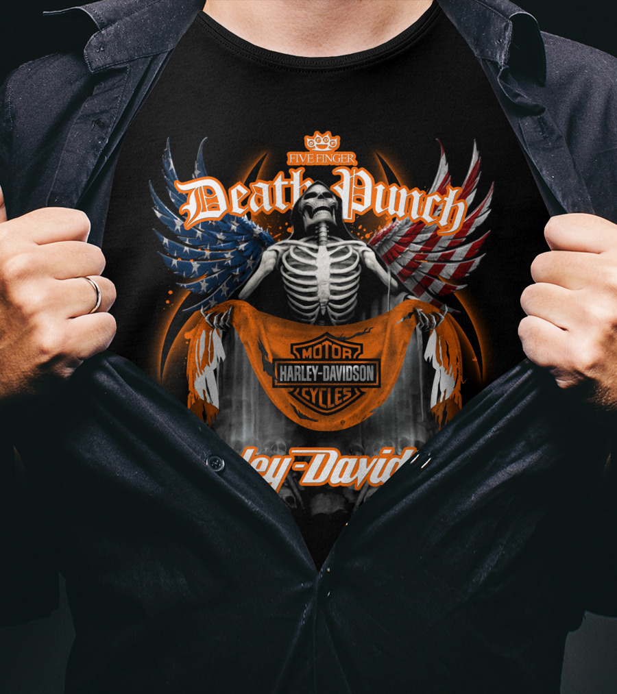 Five Finger Death Punch Harley Davidson American Wings Skeleton T-Shirt