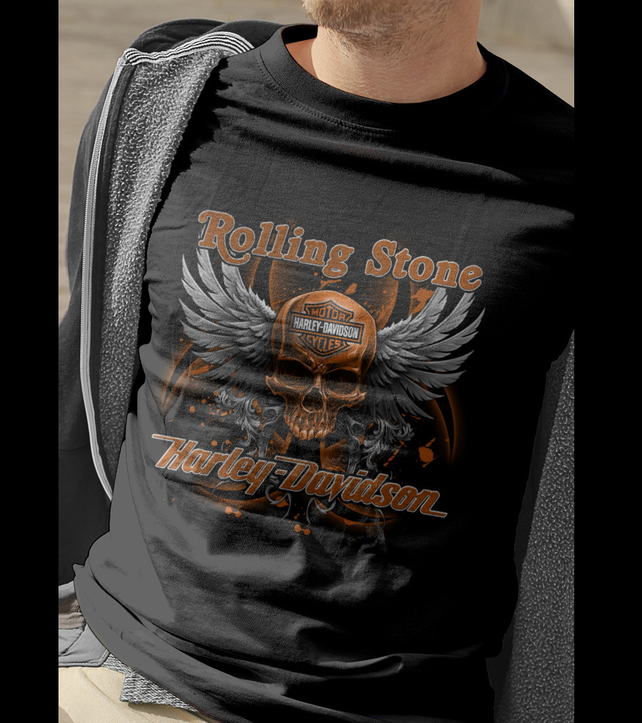 Rolling Stone Motor Harley Davidson Cycles Skull Wings T-Shirt