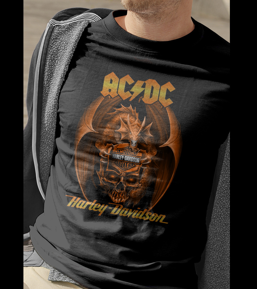 Ac Dc Harley Davidson Motor Cycles Dragon And Skull T-Shirt