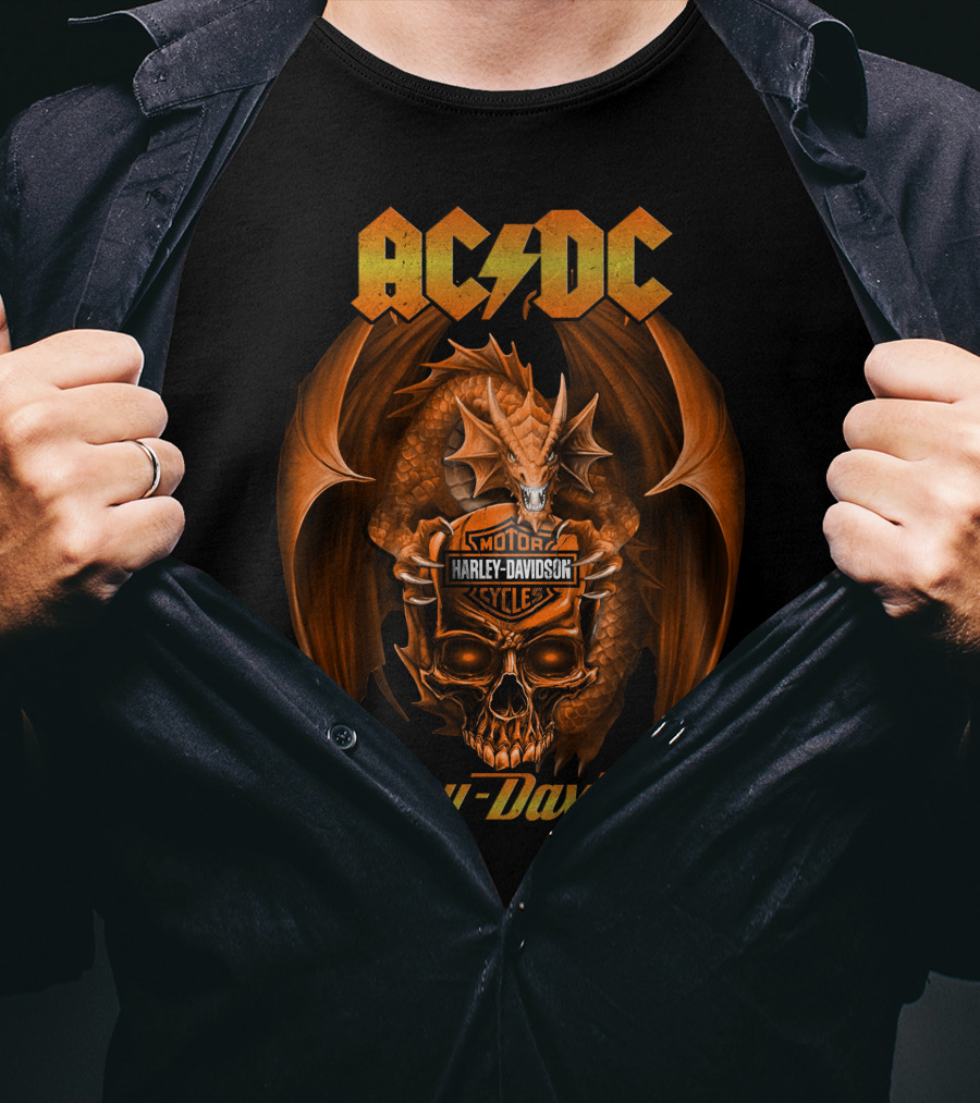 Ac Dc Harley Davidson Motor Cycles Dragon And Skull T-Shirt