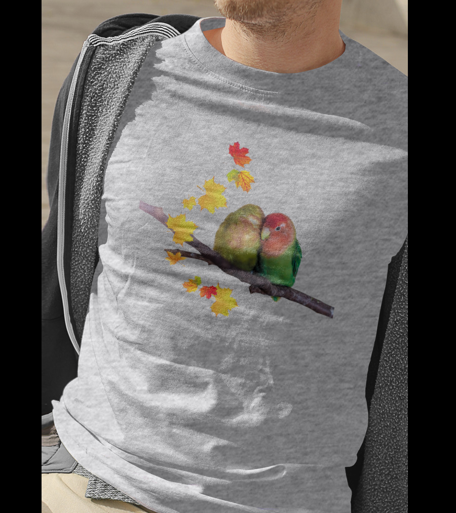 Lovebirds With Autumn Leaves On Branch T-Shirt