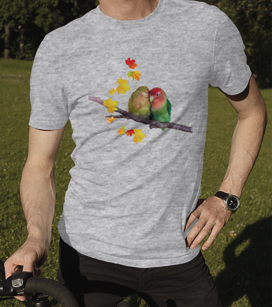 Lovebirds With Autumn Leaves On Branch T-Shirt