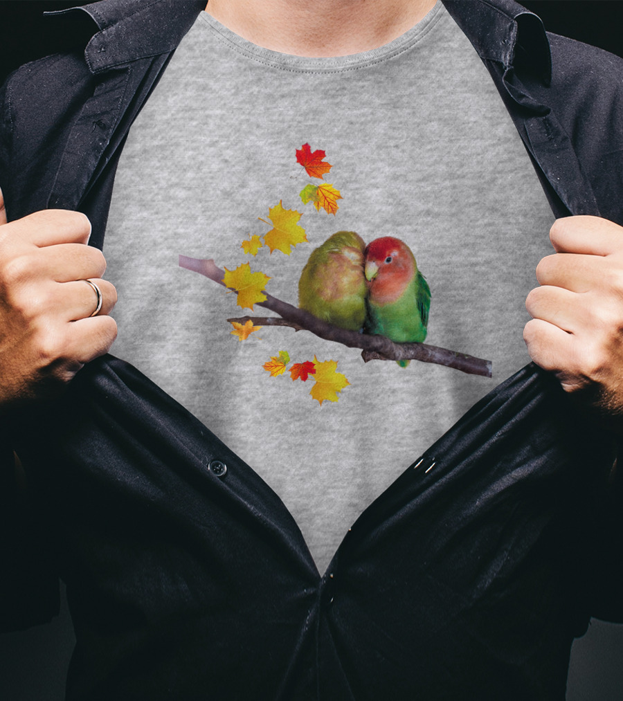 Lovebirds With Autumn Leaves On Branch T-Shirt