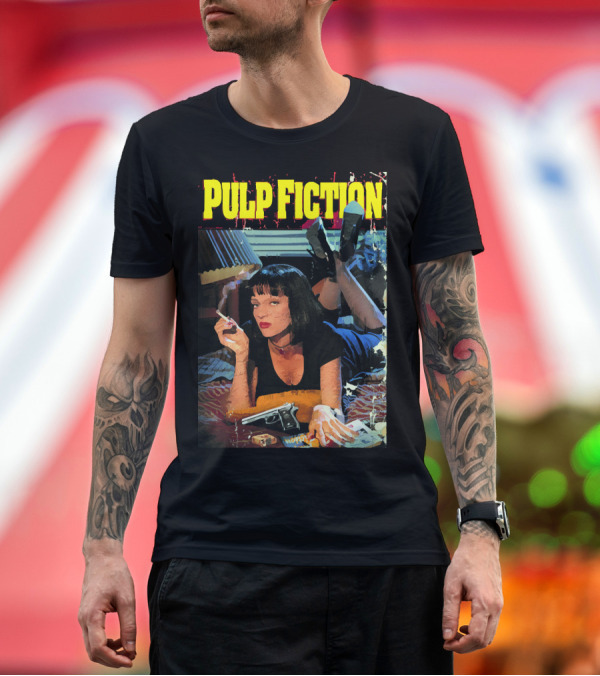 Premium T-Shirt: Pulp Fiction Iconic Image Smoking Woman with Gun and Magazine T-Shirt Pulp Fiction Iconic Image Smoking Woman with Gun and Magazine T-Shirt