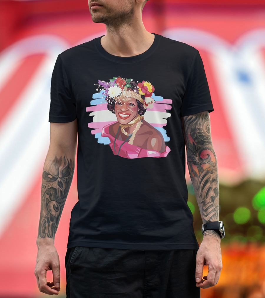 Marsha P. Johnson Floral Crown Portrait with Transgender Flag Stripes T-Shirt