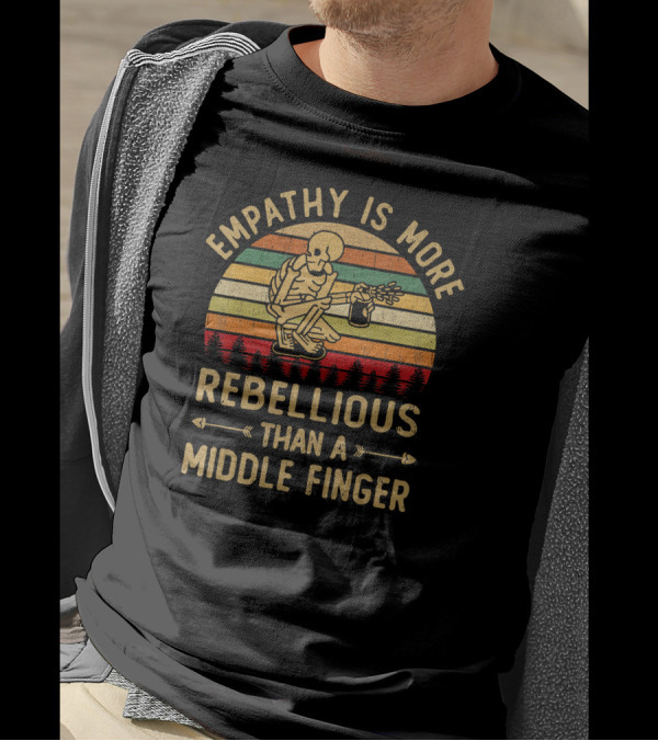 Empathy Is More Rebellious Than A Middle Finger Skeleton With Acoustic Guitar And Retro Stripes T-Shirt