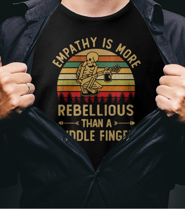Empathy Is More Rebellious Than A Middle Finger Skeleton With Acoustic Guitar And Retro Stripes T-Shirt