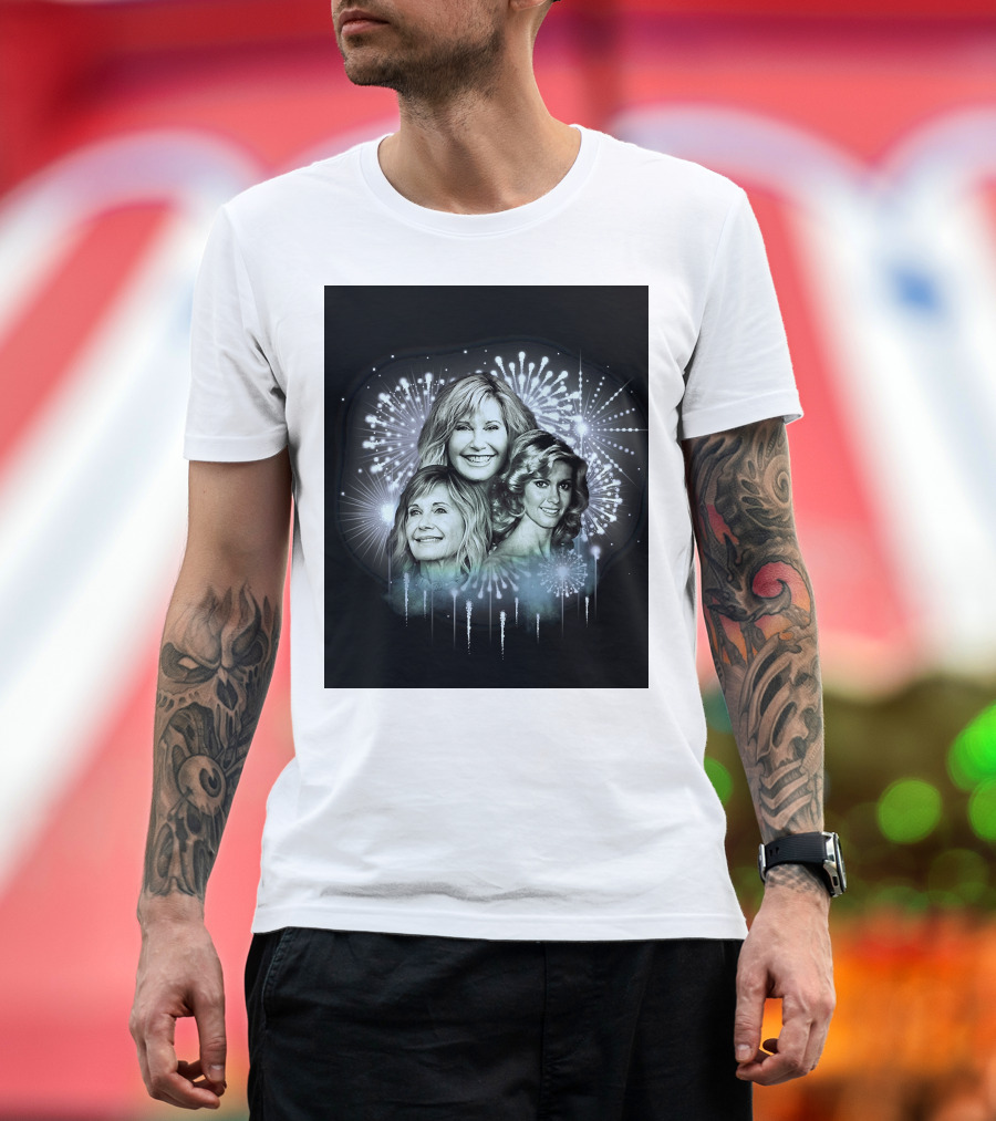 Olivia Newton-John Celebration with Fireworks Background T-Shirt