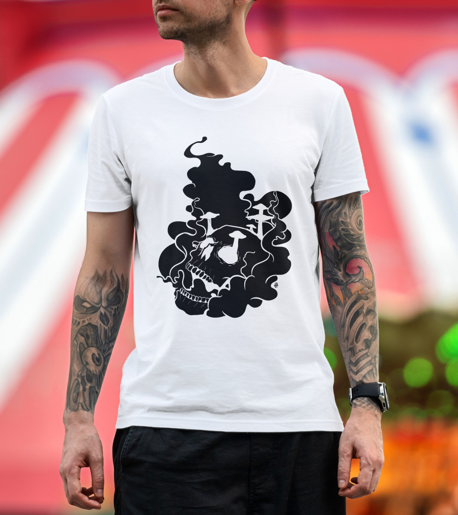 Black Skull with Fungi and Smoke T-Shirt