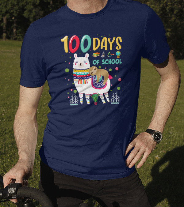 100 Days Of School Sloth On Llama With Books And Globe T-Shirt