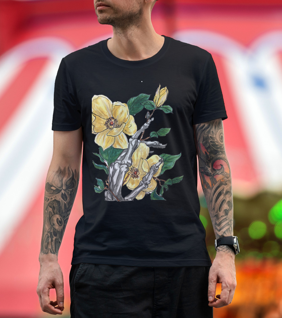 Grateful 3 Skeleton Hand with Yellow Flowers and Green Leaves T-Shirt