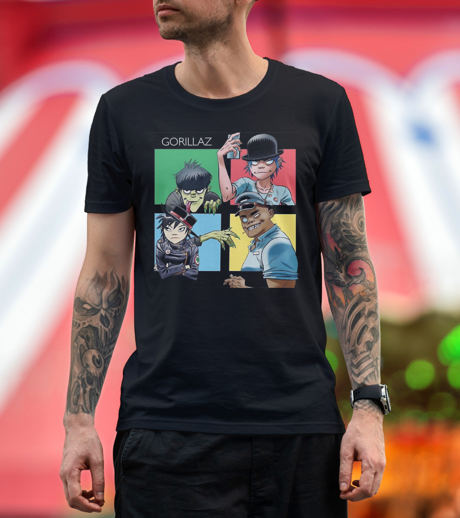Gorillaz Band Cartoon Characters Colorful Panel T-Shirt