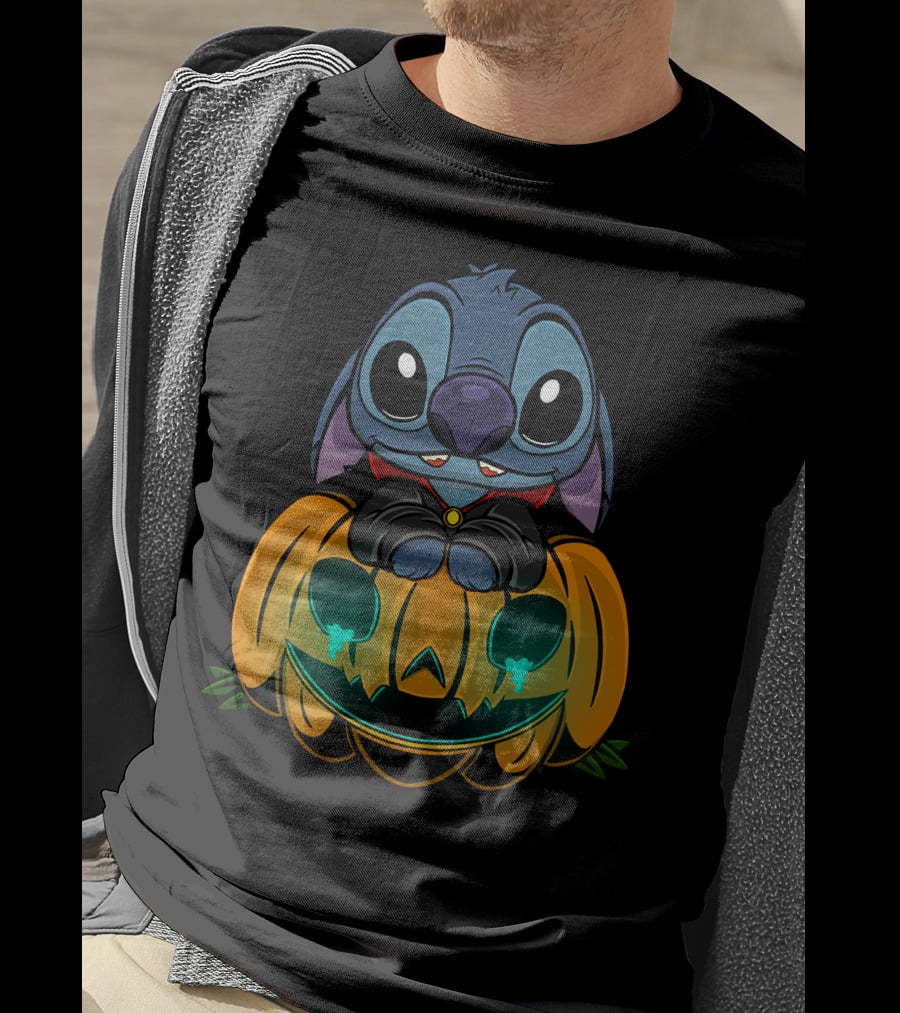 Cute Halloween Stitch With Glowing Pumpkin T-Shirt