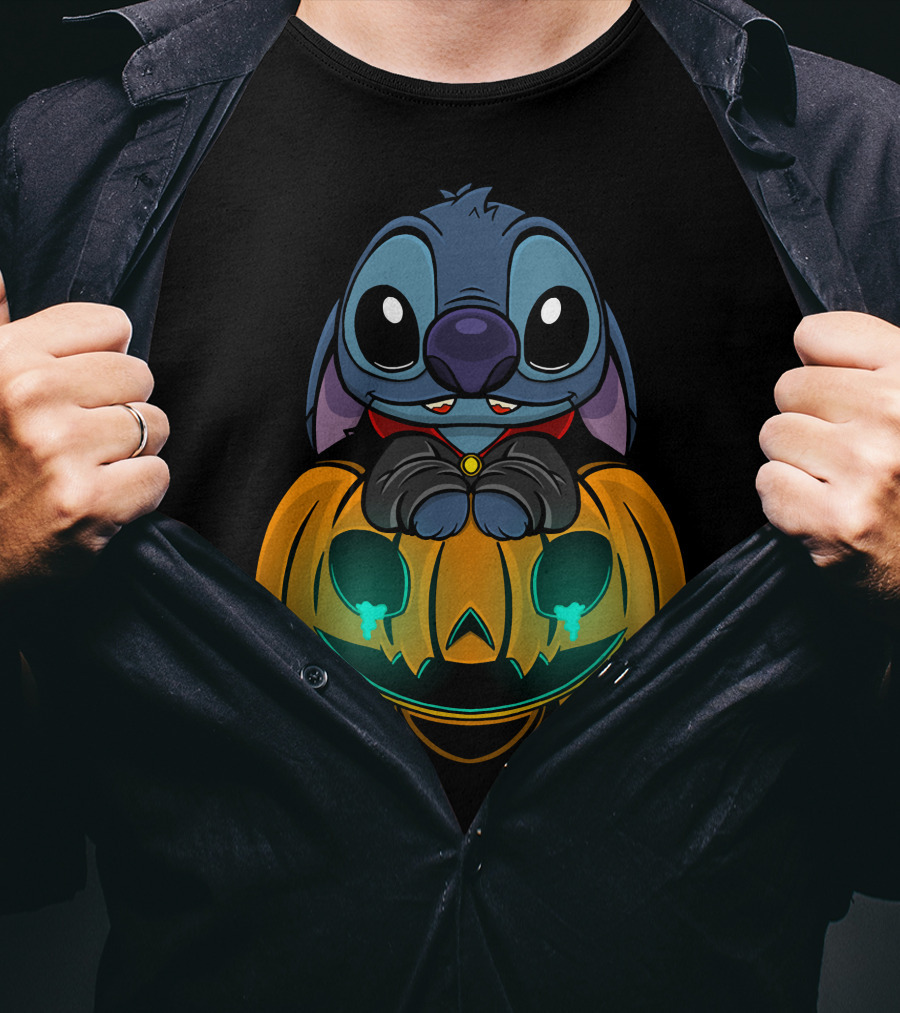 Cute Halloween Stitch With Glowing Pumpkin T-Shirt