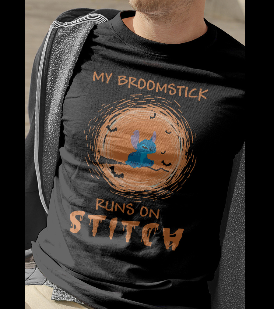 My Broomstick Runs On Stitch Halloween Bats Moon T-Shirt