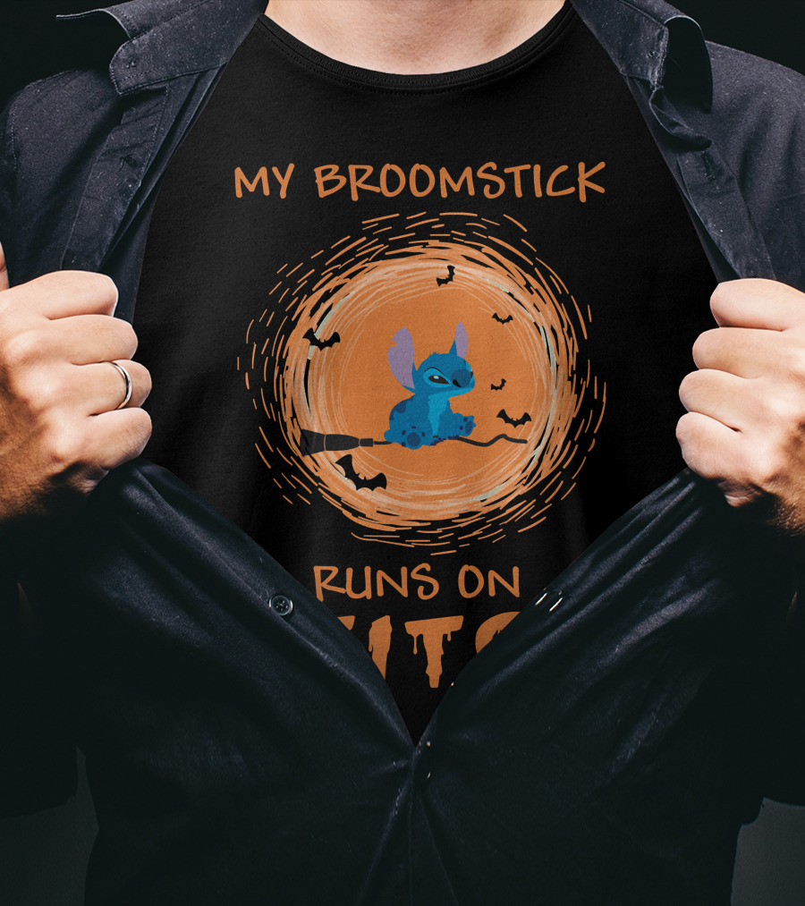 My Broomstick Runs On Stitch Halloween Bats Moon T-Shirt