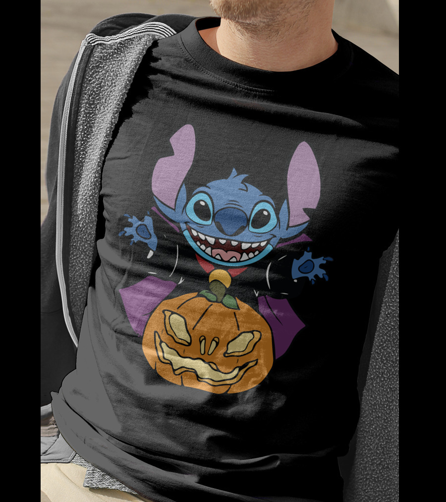 Cute Halloween Vampire Stitch Hugging Pumpkin T-Shirt