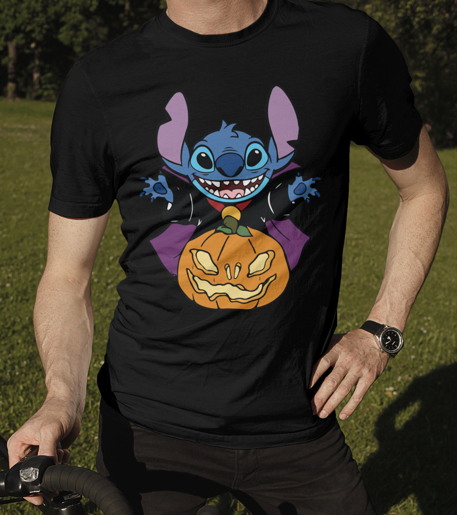 Cute Halloween Vampire Stitch Hugging Pumpkin T-Shirt