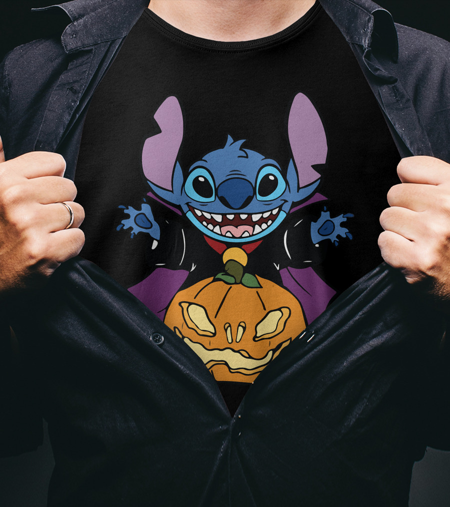 Cute Halloween Vampire Stitch Hugging Pumpkin T-Shirt