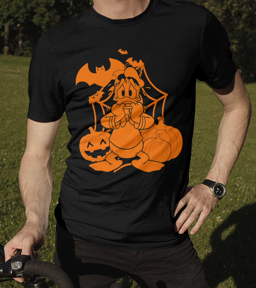 Donald Duck Halloween Pumpkins With Bat And Spider Webs T-Shirt