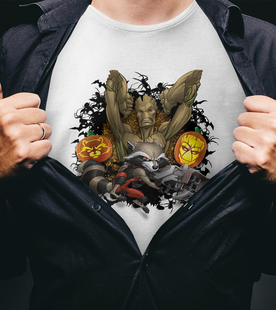 Groot And Rocket Raccoon Halloween Jack O' Lantern Duo T-Shirt