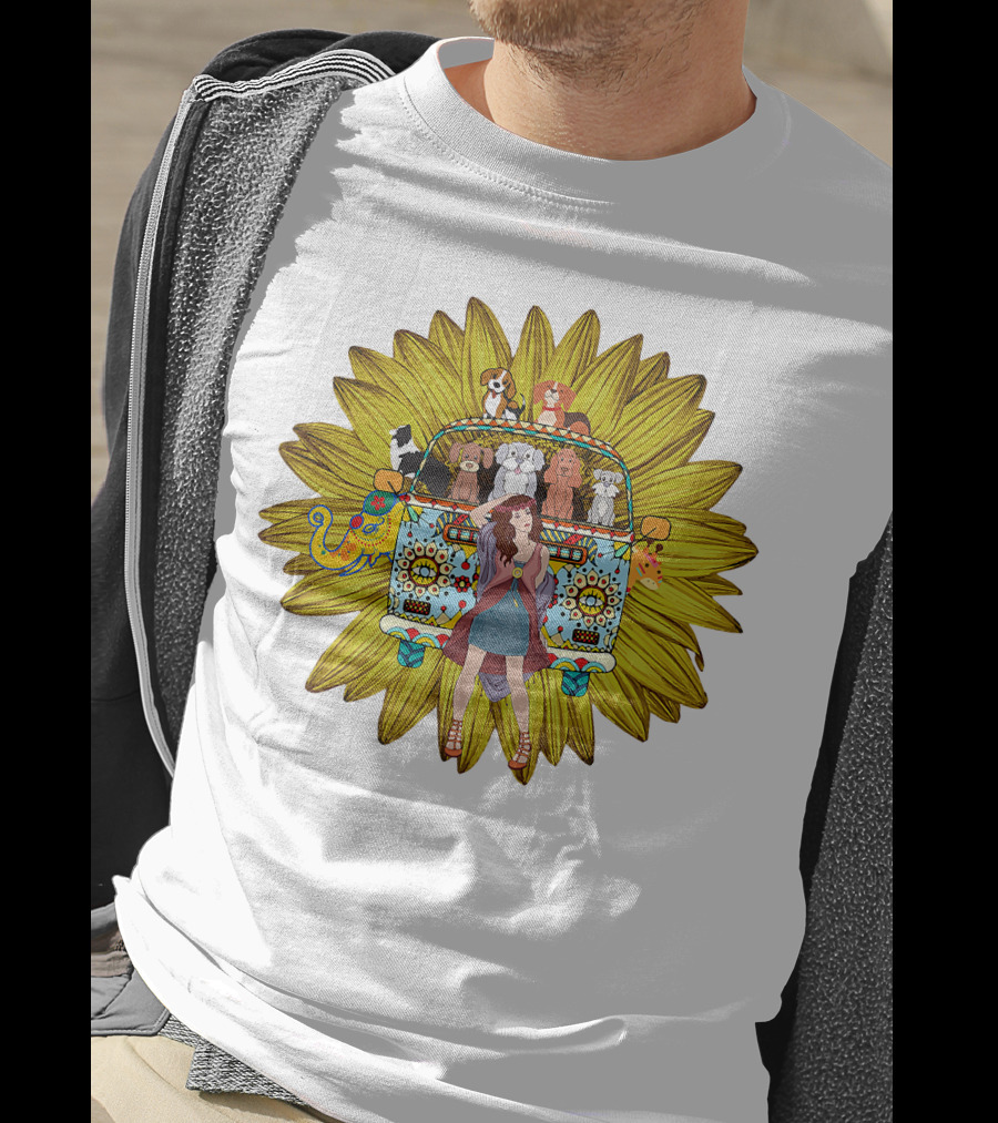 I'm Mostly Peace Love Animals Hippie Van Sunflower Dogs T-Shirt