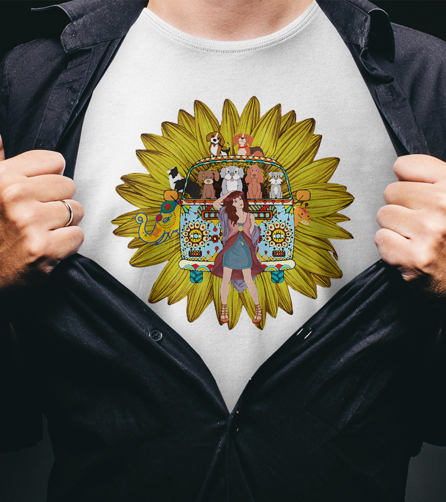 I'm Mostly Peace Love Animals Hippie Van Sunflower Dogs T-Shirt