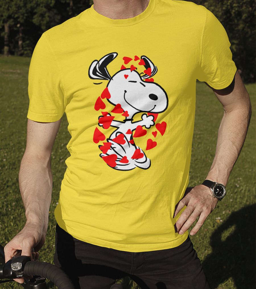 Snoopy Surrounded By Red Hearts Hugging Blissfully T-Shirt