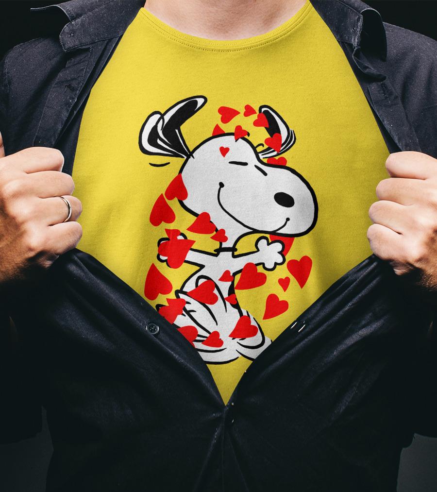 Snoopy Surrounded By Red Hearts Hugging Blissfully T-Shirt