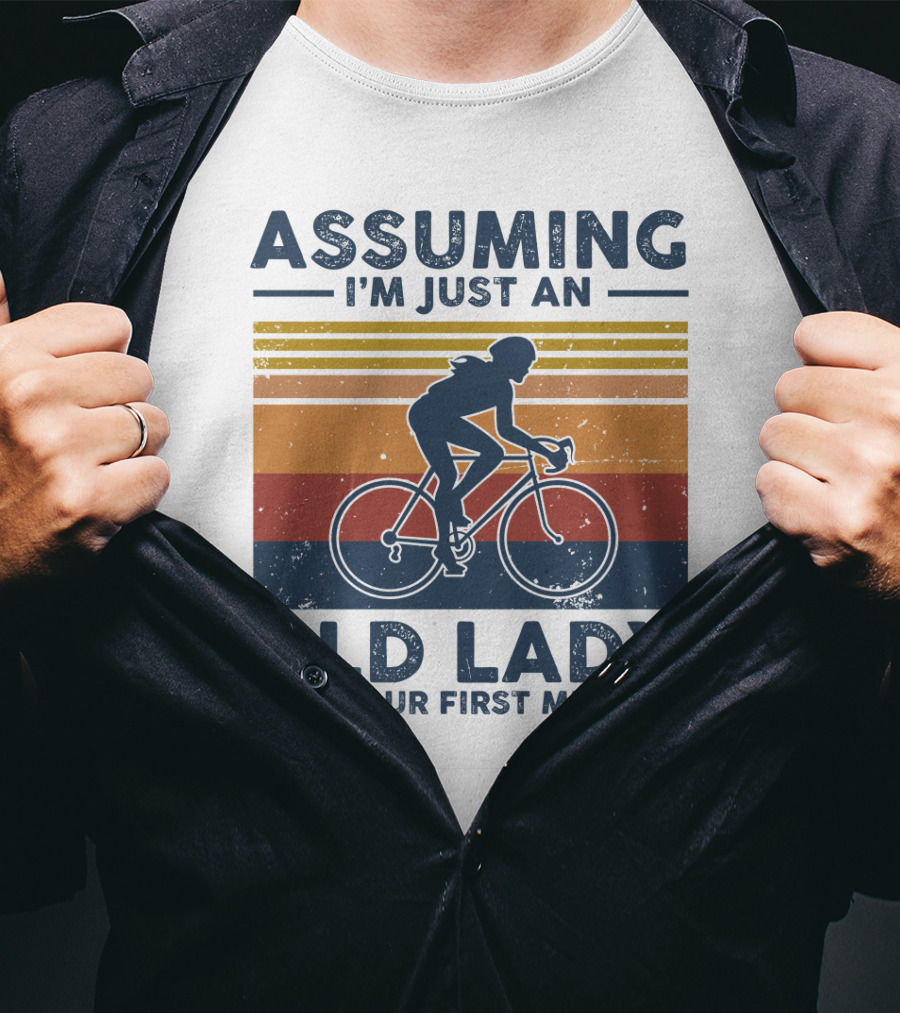 Assuming I'm Just An Old Lady Was Your First Mistake Biking Silhouette Retro Stripes T-Shirt