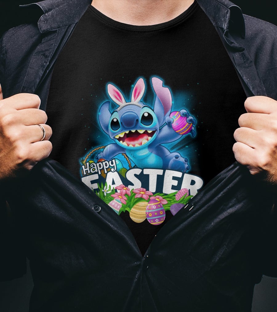 Happy Easter Stitch With Colorful Eggs And Flowers T-Shirt