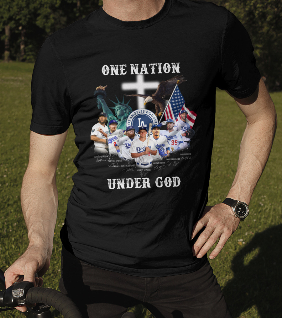 Los Angeles Dodgers One Nation Under God Statue Of Liberty And American Flag T-Shirt