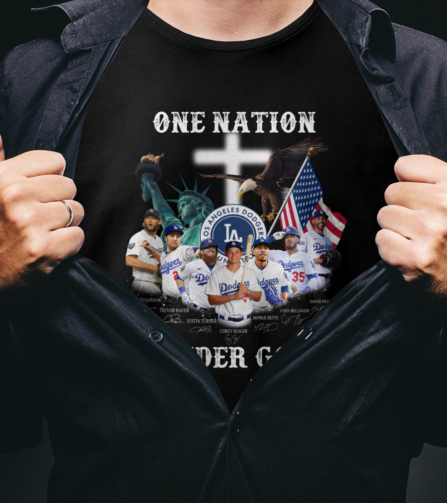 Los Angeles Dodgers One Nation Under God Statue Of Liberty And American Flag T-Shirt