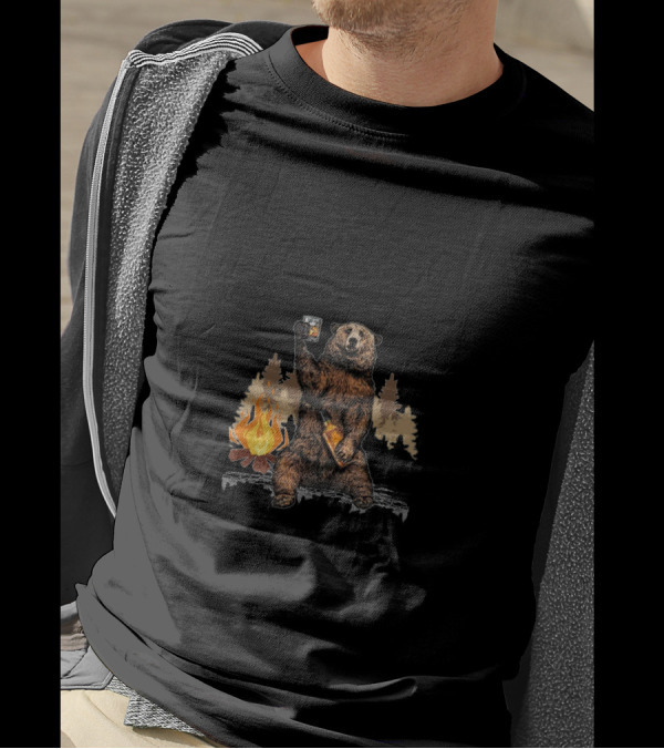 Camping Solves Most Of My Problems Bear Holding Bourbon By Campfire Solves The Rest T-Shirt