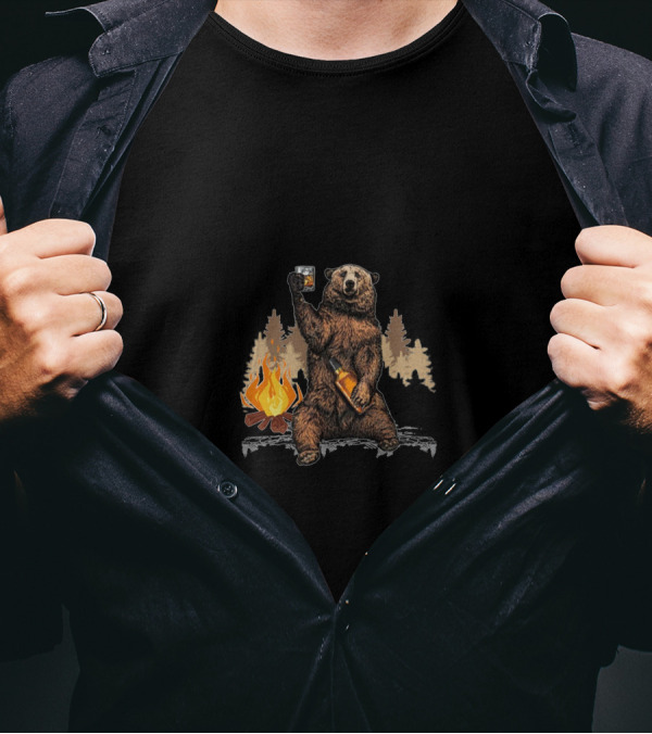 Camping Solves Most Of My Problems Bear Holding Bourbon By Campfire Solves The Rest T-Shirt