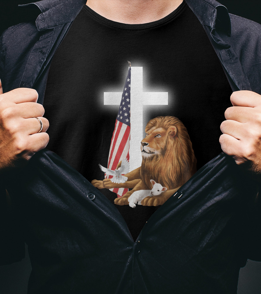 Lion With American Flag And Cross T-Shirt