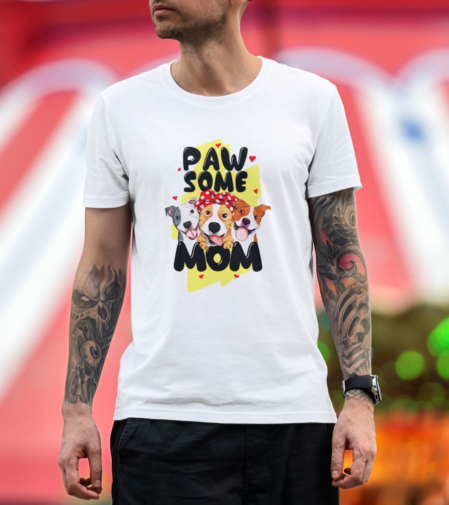PAW SOME MOM Pups with Bandana and Hearts T-Shirt