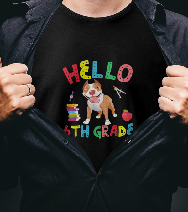 Hello 6th Grade Colorful Pitbull With Books And Apple T-Shirt