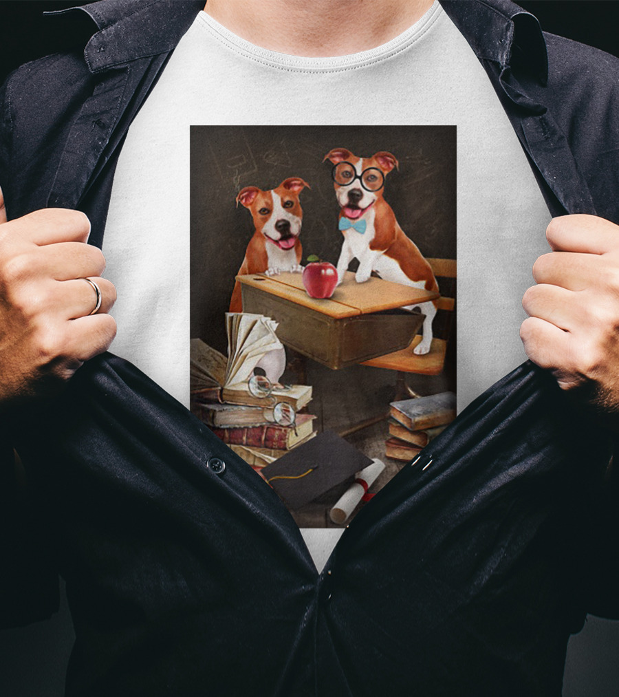 Pitbull Teacher Dogs With Books And Graduation Cap T-Shirt