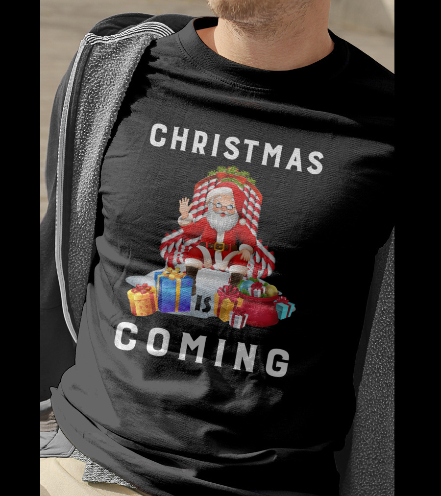 Christmas Is Coming Santa Claus With Candy Cane And Gifts T-Shirt